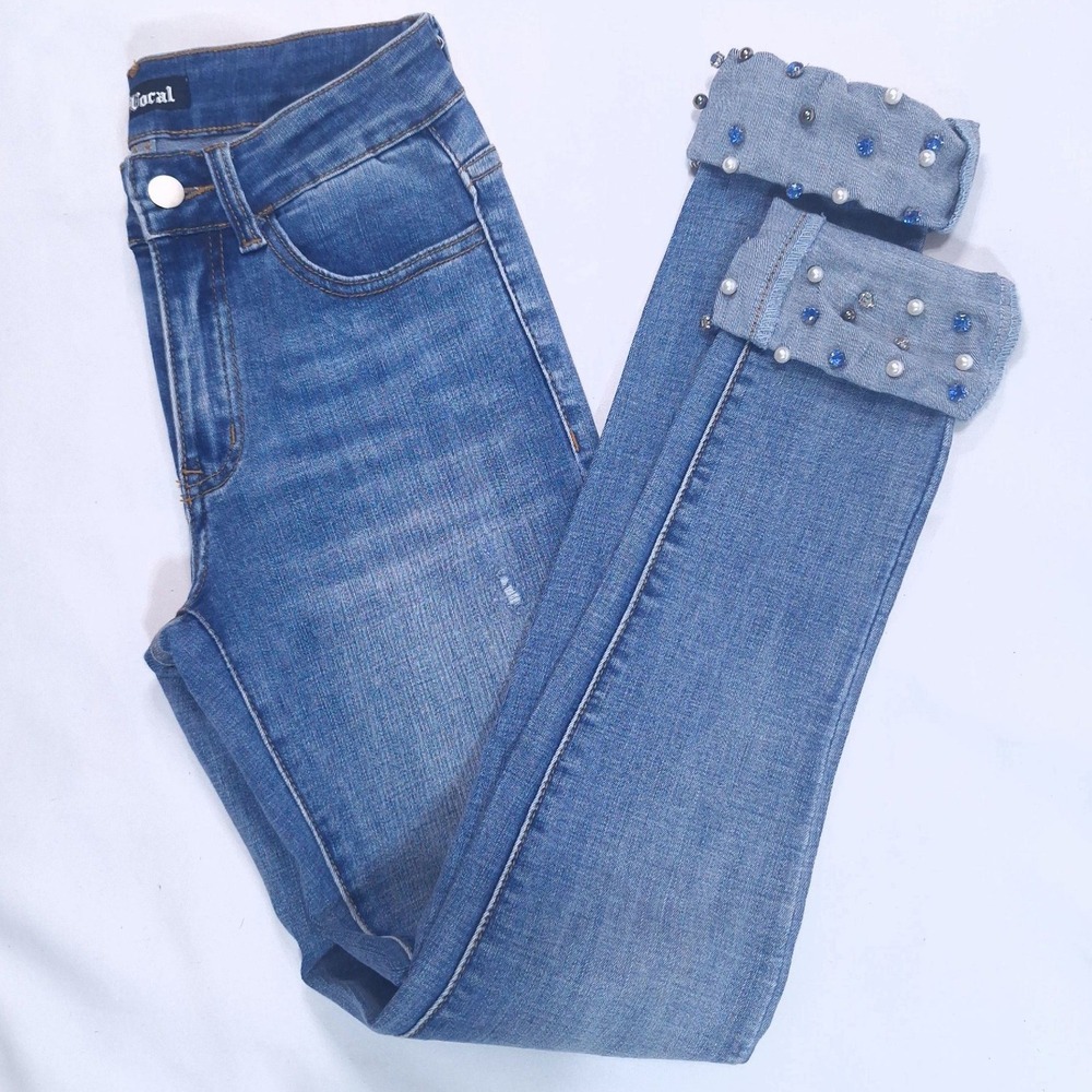 Vocal Rhinestone‎ Cuffed Skinny Jeans Womens S Blue Embellished Hem Y2K Bling